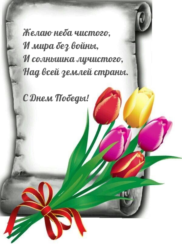 С Днем Победы! Желаю неба чистого, и мира без войны.